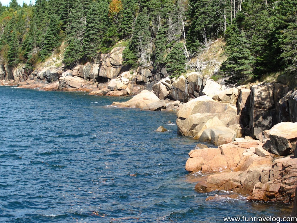 Rocks and water along the Maine coastline. Such views are visible along the coastline when you drive from Boston to Acadia National Park.