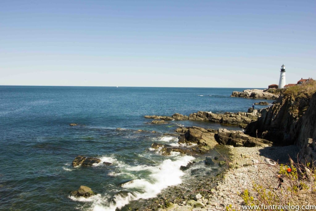 Another view of the Portland lighthouse against the Atlantic Ocean