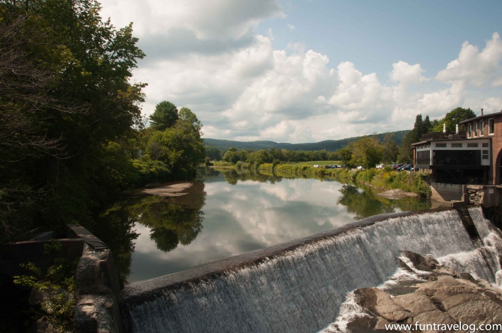 View of the dam from a wooden bridge in Vermont