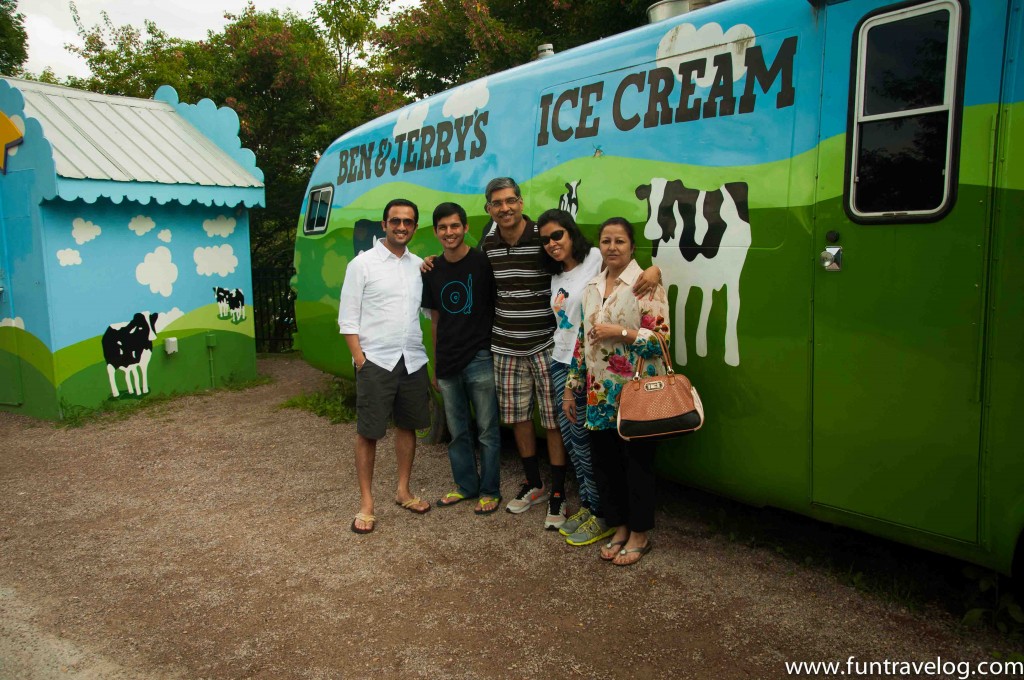 A family photo in front of the cowmobile in Ben & Jerry's factory