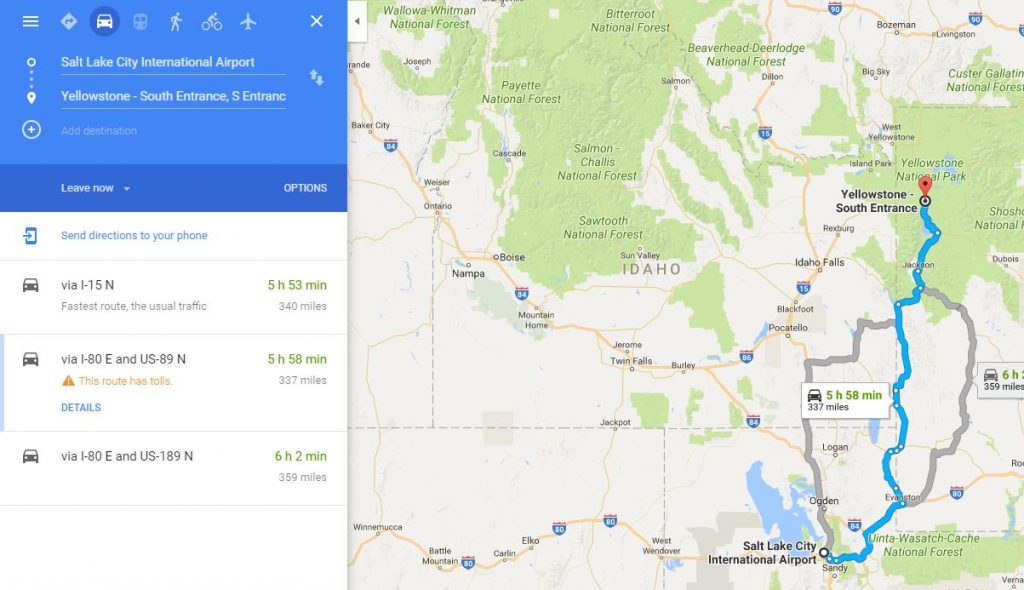 Google Map for route options from Salt Lake City to Yellowstone