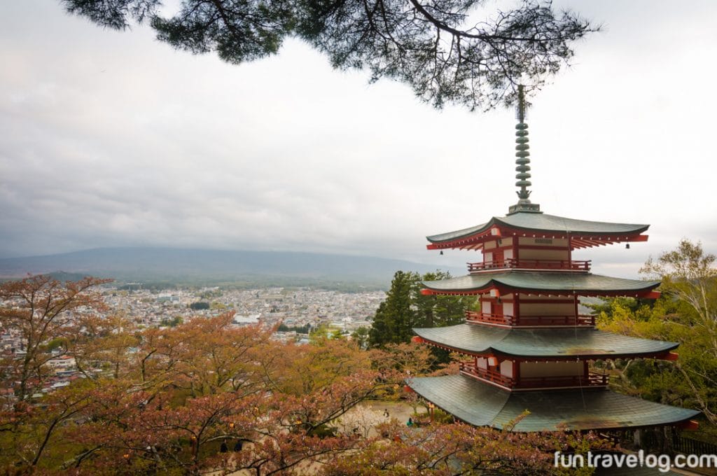 The iconic Chureito Pagoda in Fuji Five Lakes area