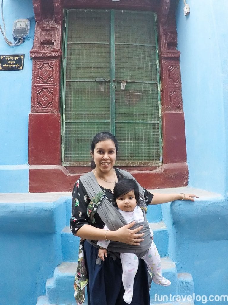 Supriya with Raahi in a Baby K'tan carrier in Jodhpur, India